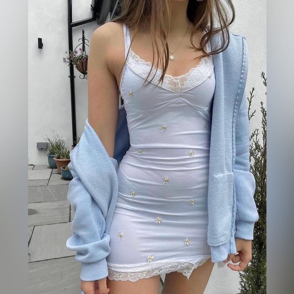 Motel Rocks White Floral Lace Bodycon Slip w/ Blue Jacket Outfit Combo